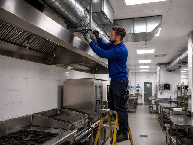 Technician servicing commercial kitchen ductwork and ventilation equipment
