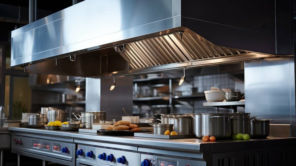 Custom-built stainless-steel rangehood above a commercial cooking line